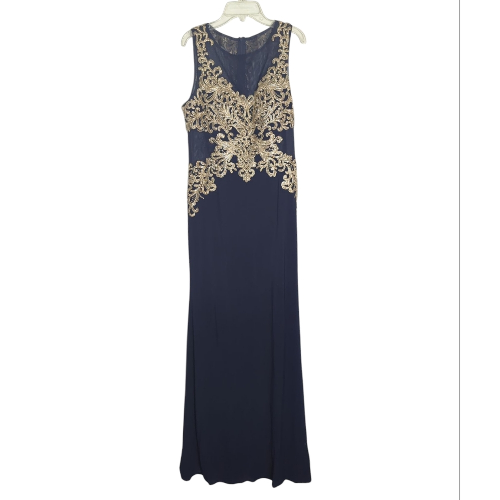 Cachet Womens Evening Gown Maxi Floor Length‎ Sheer Panels Navy Gold Cruise sz 8